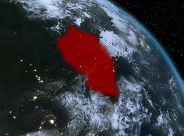 Gece yukarıda Tanzanya modeli gezegeninin uzaydaki bir kırmızı vurgulanır. 3D çizim. Nasa tarafından döşenmiş bu görüntü unsurları.