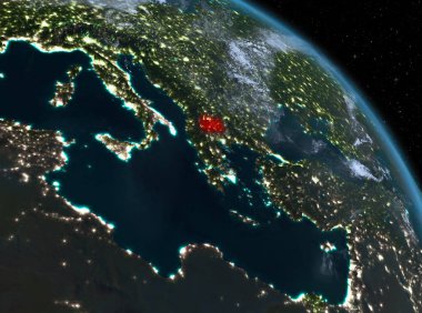 Gece yukarıda Makedonya modeli gezegeninin uzaydaki bir kırmızı vurgulanır. 3D çizim. Nasa tarafından döşenmiş bu görüntü unsurları.