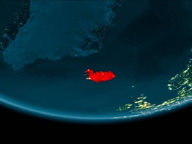 İzlanda gece Planet Earth kırmızı vurgulanır. 3D çizim. Nasa tarafından döşenmiş bu görüntü unsurları.