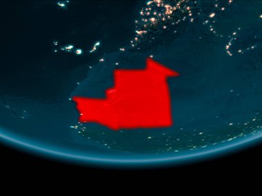 Moritanya gece Planet Earth kırmızı vurgulanır. 3D çizim. Nasa tarafından döşenmiş bu görüntü unsurları.