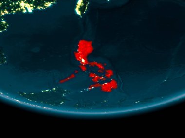Filipinler gece Planet Earth kırmızı vurgulanır. 3D çizim. Nasa tarafından döşenmiş bu görüntü unsurları.