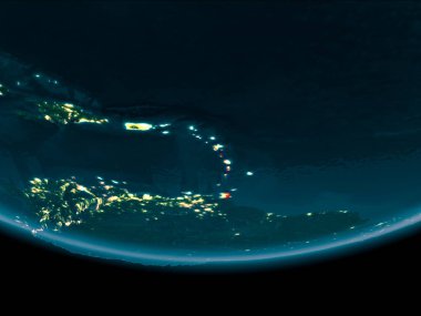 Karayipler gece Planet Earth kırmızı vurgulanır. 3D çizim. Nasa tarafından döşenmiş bu görüntü unsurları.