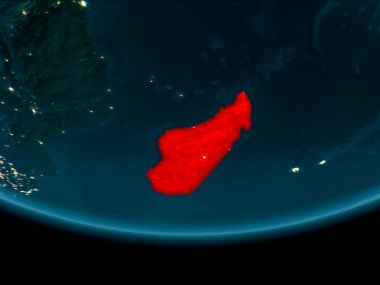 Madagaskar gece Planet Earth kırmızı vurgulanır. 3D çizim. Nasa tarafından döşenmiş bu görüntü unsurları.