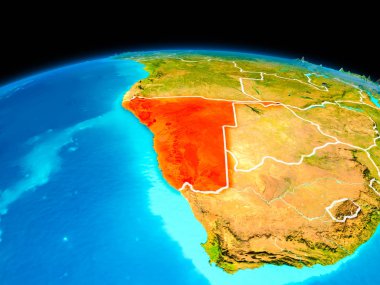 Uydu Görünümü Namibya Planet Earth sınır çizgileri ile kırmızı vurgulanır. 3D çizim. Nasa tarafından döşenmiş bu görüntü unsurları.