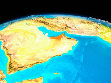 Uydu Görünümü Birleşik Arap Emirlikleri Planet Earth sınır çizgileri ile kırmızı vurgulanır. 3D çizim. Nasa tarafından döşenmiş bu görüntü unsurları.