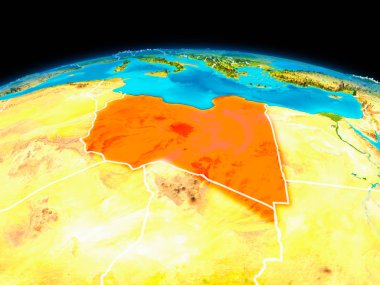Uydu görüntüsü Libya Planet Earth sınır çizgileri ile kırmızı vurgulanır. 3D çizim. Nasa tarafından döşenmiş bu görüntü unsurları.