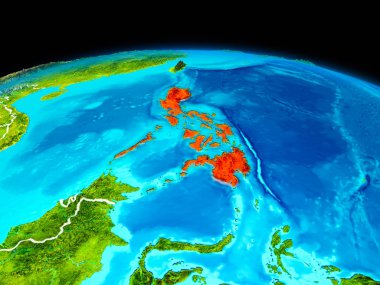 Uydu Görünümü Filipinler Planet Earth sınır çizgileri ile kırmızı vurgulanır. 3D çizim. Nasa tarafından döşenmiş bu görüntü unsurları.