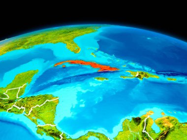 Planet Earth sınır çizgileri ile kırmızı vurgulanır Küba'nın uydu görüntüsü. 3D çizim. Nasa tarafından döşenmiş bu görüntü unsurları.
