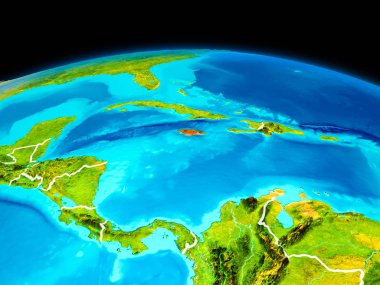 Uydu görüntüsü Jamaika Planet Earth sınır çizgileri ile kırmızı vurgulanır. 3D çizim. Nasa tarafından döşenmiş bu görüntü unsurları.