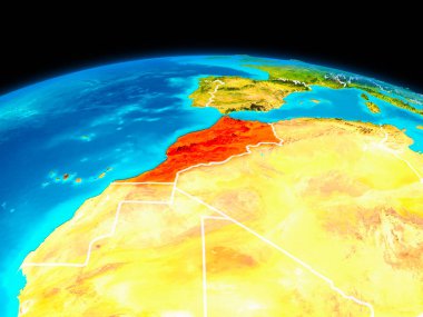 Uydu görüntüsü Fas Planet Earth sınır çizgileri ile kırmızı vurgulanır. 3D çizim. Nasa tarafından döşenmiş bu görüntü unsurları.