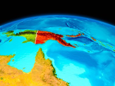 Uydu görünümü, Papua Yeni Gine kırmızı Planet Earth sınır çizgileri ile vurgulanır. 3D çizim. Nasa tarafından döşenmiş bu görüntü unsurları.