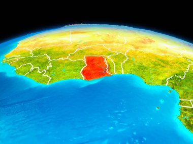 Uydu Görünümü Gana Planet Earth sınır çizgileri ile kırmızı vurgulanır. 3D çizim. Nasa tarafından döşenmiş bu görüntü unsurları.