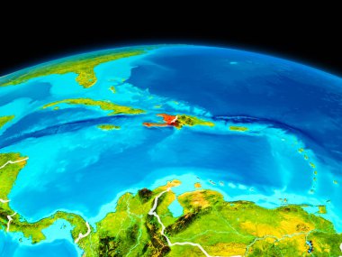 Uydu görüntüsü Haiti Planet Earth sınır çizgileri ile kırmızı vurgulanır. 3D çizim. Nasa tarafından döşenmiş bu görüntü unsurları.