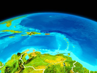 Uydu görüntüsü Porto Riko Planet Earth sınır çizgileri ile kırmızı vurgulanır. 3D çizim. Nasa tarafından döşenmiş bu görüntü unsurları.
