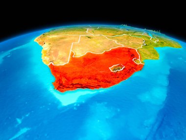 Uydu görüntüsü Güney Afrika Planet Earth sınır çizgileri ile kırmızı vurgulanır. 3D çizim. Nasa tarafından döşenmiş bu görüntü unsurları.
