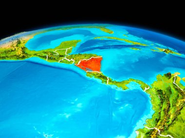 Uydu görüntüsü Nikaragua Planet Earth sınır çizgileri ile kırmızı vurgulanır. 3D çizim. Nasa tarafından döşenmiş bu görüntü unsurları.