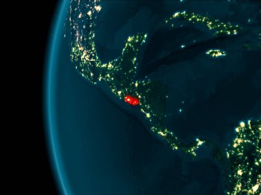 El Salvador son derece detaylı yüzey dokuları ile gece Dünya gezegeninin yörüngeden. 3D çizim. Nasa tarafından döşenmiş bu görüntü unsurları.