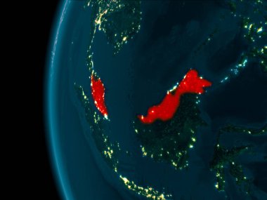 Malezya son derece detaylı yüzey dokuları ile gece Dünya gezegeninin yörüngeden. 3D çizim. Nasa tarafından döşenmiş bu görüntü unsurları.