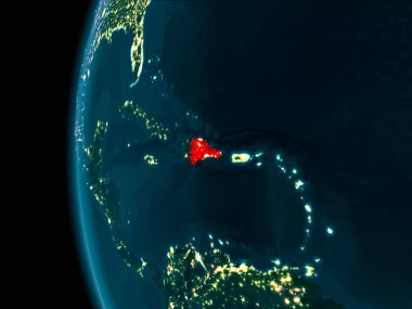 Dominik Cumhuriyeti son derece detaylı yüzey dokuları ile gece Dünya gezegeninin yörüngeden. 3D çizim. Nasa tarafından döşenmiş bu görüntü unsurları.