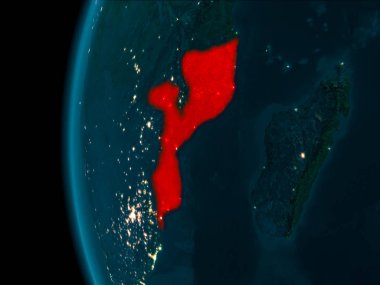 Son derece detaylı yüzey dokuları ile gece Dünya gezegeninin yörüngeden Mozambik. 3D çizim. Nasa tarafından döşenmiş bu görüntü unsurları.