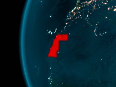 Batı Sahra son derece detaylı yüzey dokuları ile gece Dünya gezegeninin yörüngeden. 3D çizim. Nasa tarafından döşenmiş bu görüntü unsurları.