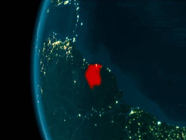 Surinam son derece detaylı yüzey dokuları ile gece Dünya gezegeninin yörüngeden. 3D çizim. Nasa tarafından döşenmiş bu görüntü unsurları.