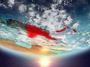 Papua Yeni Gine kırmızı Planet Earth bulutlar ile vurgulanan gündoğumu sırasında. 3D çizim. Nasa tarafından döşenmiş bu görüntü unsurları.
