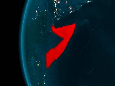 Somali son derece detaylı yüzey dokuları ile gece Dünya gezegeninin yörüngeden. 3D çizim. Nasa tarafından döşenmiş bu görüntü unsurları.