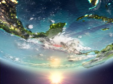 El Salvador red Planet Earth bulutlar ile vurgulanmış gündoğumu sırasında. 3D çizim. Nasa tarafından döşenmiş bu görüntü unsurları.