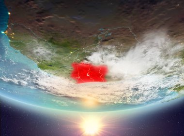 Fildişi Sahili red Planet Earth bulutlar ile vurgulanmış gündoğumu sırasında. 3D çizim. Nasa tarafından döşenmiş bu görüntü unsurları.