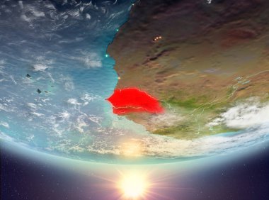 Senegal red Planet Earth bulutlar ile vurgulanmış gündoğumu sırasında. 3D çizim. Nasa tarafından döşenmiş bu görüntü unsurları.