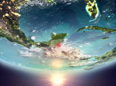 Belize red Planet Earth bulutlar ile vurgulanmış gündoğumu sırasında. 3D çizim. Nasa tarafından döşenmiş bu görüntü unsurları.