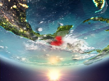 Guatemala red Planet Earth bulutlar ile vurgulanmış gündoğumu sırasında. 3D çizim. Nasa tarafından döşenmiş bu görüntü unsurları.