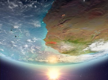 Gambiya red Planet Earth bulutlar ile vurgulanmış gündoğumu sırasında. 3D çizim. Nasa tarafından döşenmiş bu görüntü unsurları.