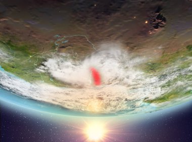 Togo red Planet Earth bulutlar ile vurgulanmış gündoğumu sırasında. 3D çizim. Nasa tarafından döşenmiş bu görüntü unsurları.