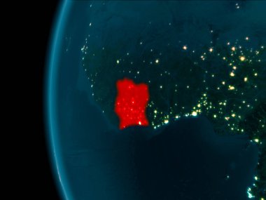 Son derece detaylı yüzey dokuları ile gece Dünya gezegeninin yörüngeden Fildişi Sahili. 3D çizim. Nasa tarafından döşenmiş bu görüntü unsurları.
