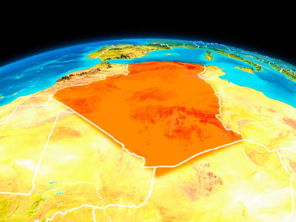 Satellite view of Algeria highlighted in red on planet Earth with borderlines. 3D illustration. Elements of this image furnished by NASA.