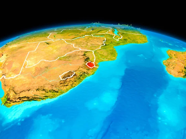 Satellite view of Swaziland highlighted in red on planet Earth with borderlines. 3D illustration. Elements of this image furnished by NASA.