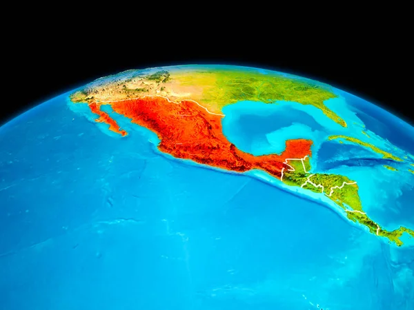 Satellite view of Mexico highlighted in red on planet Earth with borderlines. 3D illustration. Elements of this image furnished by NASA.