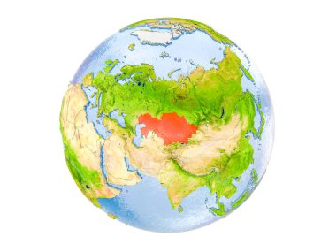 Kazakistan modeli dünya bir kırmızı vurgulanır. 3d illüstrasyon izole beyaz arka plan üzerinde. Nasa tarafından döşenmiş bu görüntü unsurları.