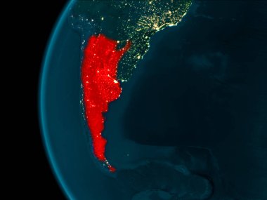 Arjantin son derece detaylı yüzey dokuları ile gece Dünya gezegeninin yörüngeden. 3D çizim. Nasa tarafından döşenmiş bu görüntü unsurları.