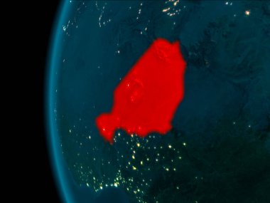 Nijer son derece detaylı yüzey dokuları ile gece Dünya gezegeninin yörüngeden. 3D çizim. Nasa tarafından döşenmiş bu görüntü unsurları.