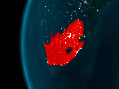 Güney Afrika son derece detaylı yüzey dokuları ile gece Dünya gezegeninin yörüngeden. 3D çizim. Nasa tarafından döşenmiş bu görüntü unsurları.