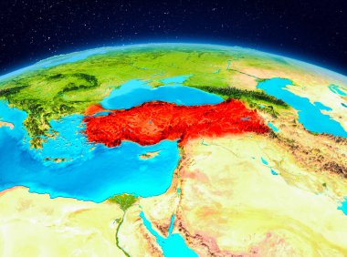 Planet Earth kırmızı vurgulanır Türkiye'nin uydu görüntüsü. 3D çizim. Nasa tarafından döşenmiş bu görüntü unsurları.