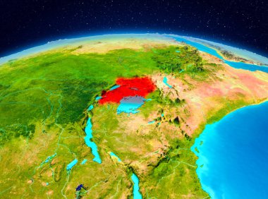 Uydu görüntüsü Uganda Planet Earth kırmızı vurgulanır. 3D çizim. Nasa tarafından döşenmiş bu görüntü unsurları.