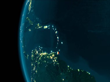 Karayipler çok detaylı yüzey dokuları ile gece Dünya gezegeninin yörüngeden. 3D çizim. Nasa tarafından döşenmiş bu görüntü unsurları.