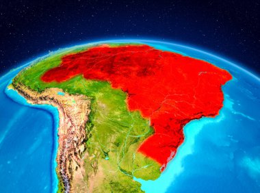 Uydu görüntüsü Brezilya Planet Earth kırmızı vurgulanır. 3D çizim. Nasa tarafından döşenmiş bu görüntü unsurları.