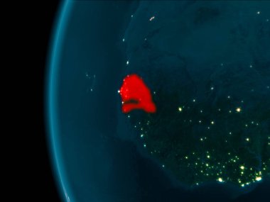 Senegal son derece detaylı yüzey dokuları ile gece Dünya gezegeninin yörüngeden. 3D çizim. Nasa tarafından döşenmiş bu görüntü unsurları.