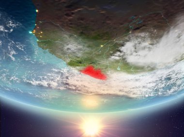 Liberya red Planet Earth bulutlar ile vurgulanmış gündoğumu sırasında. 3D çizim. Nasa tarafından döşenmiş bu görüntü unsurları.