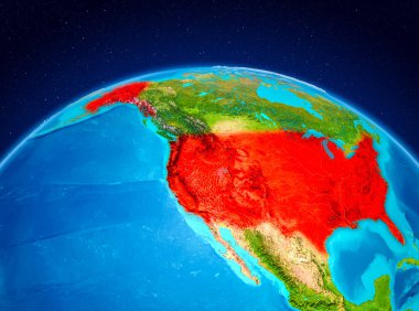 Uydu Görünümü ABD Planet Earth kırmızı vurgulanır. 3D çizim. Nasa tarafından döşenmiş bu görüntü unsurları.